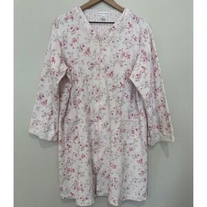 Miss Elaine Floral Zip Front Robe Pink Rose Lace Trim Housecoat XL Cottagecore